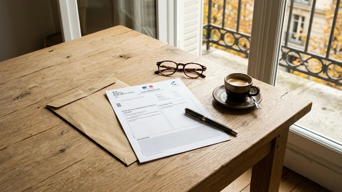 Prélèvement du solde d'impôt sur le revenu par le fisc — avis administratif tricolore, enveloppe kraft, lunettes et café sur une table en bois clair près d'une fenêtre parisienne.
