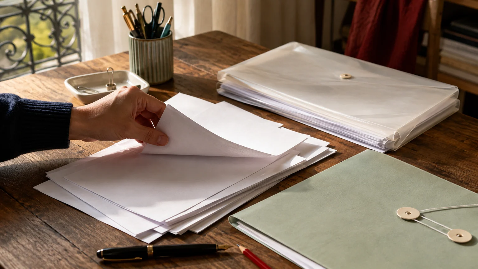 Épargne salariale et prélèvements à l’étude — main triant des documents vierges et chemises de classement sur une table en bois éclairée par la fenêtre.