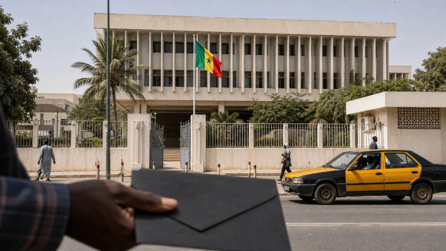 Prêt du FMI au Sénégal, encore conditionnel — bâtiment institutionnel à Dakar, drapeau sénégalais, enveloppe administrative neutre et taxi urbain.