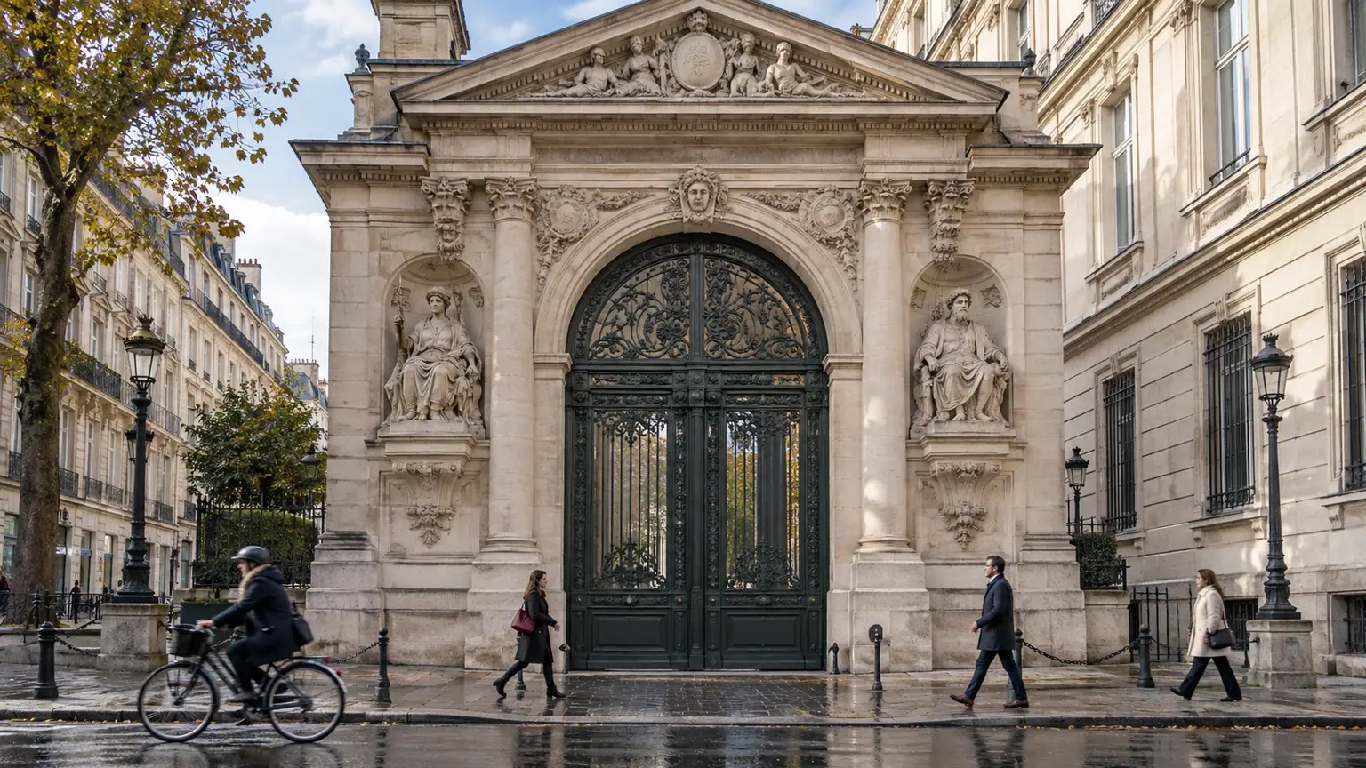 Prévision de croissance de la Banque de France — portail monumental en pierre et fer forgé dans une rue parisienne après la pluie.