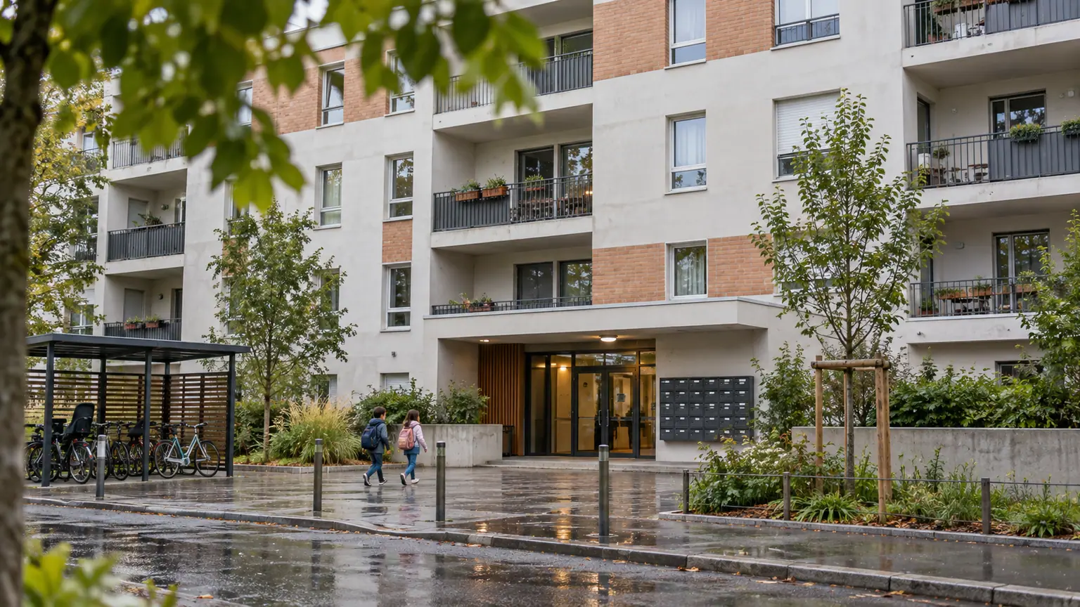 Logement social et priorité nationale — entrée d'une résidence collective française, boîtes aux lettres, vélos et habitants anonymes sur un parvis après la pluie.
