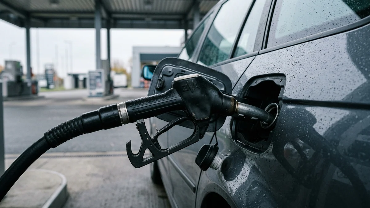 Record du prix du diesel en Europe — gros plan sur un pistolet de distribution noir engagé dans le réservoir d'une voiture, auvent de station-service sous un ciel couvert.