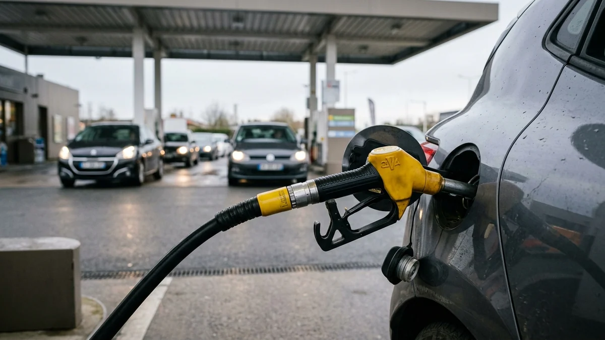 Hausse record du prix du gazole en France — pistolet de distribution noir et jaune inséré dans la trappe à carburant d'une voiture à une station-service au crépuscule.