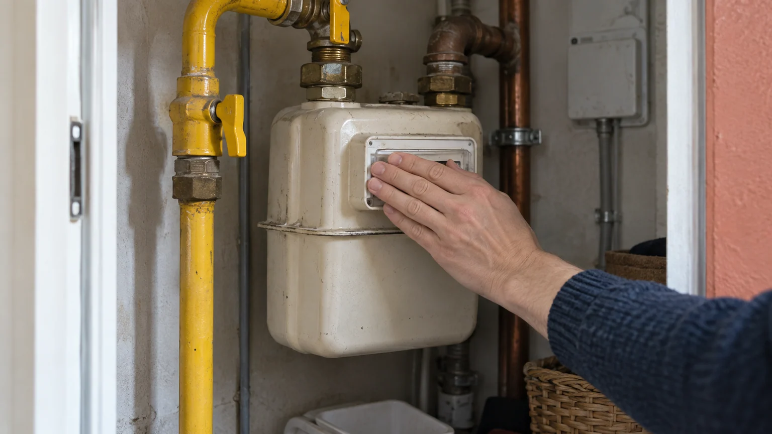 Prix repère du gaz en hausse — compteur domestique dans un placard technique français, main d’un habitant couvrant l’index et conduite jaune.