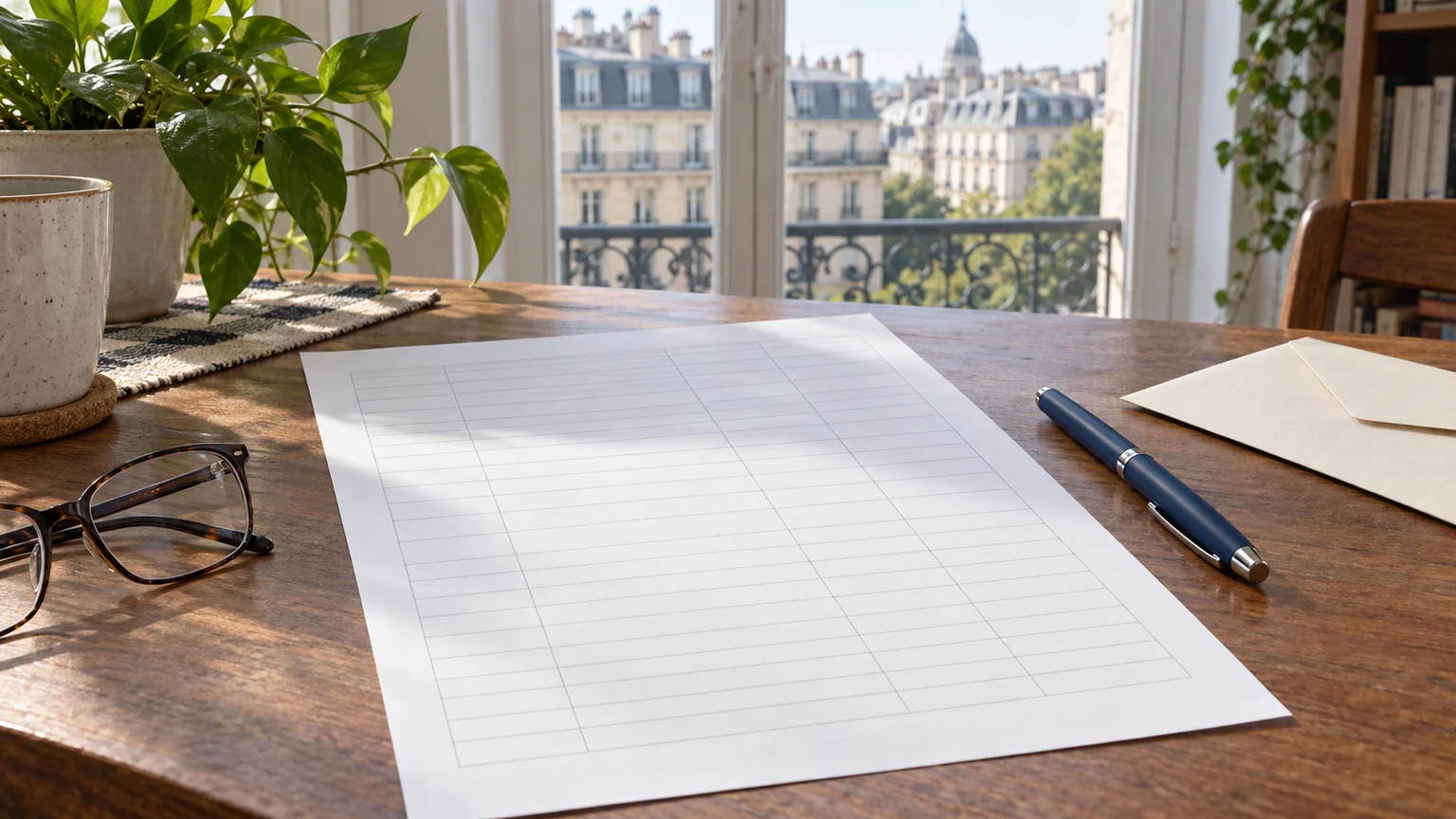 CSG des salariés dans le budget 2027 — feuille de paie générique sans texte, stylo, enveloppe et lunettes sur une table d'appartement française.