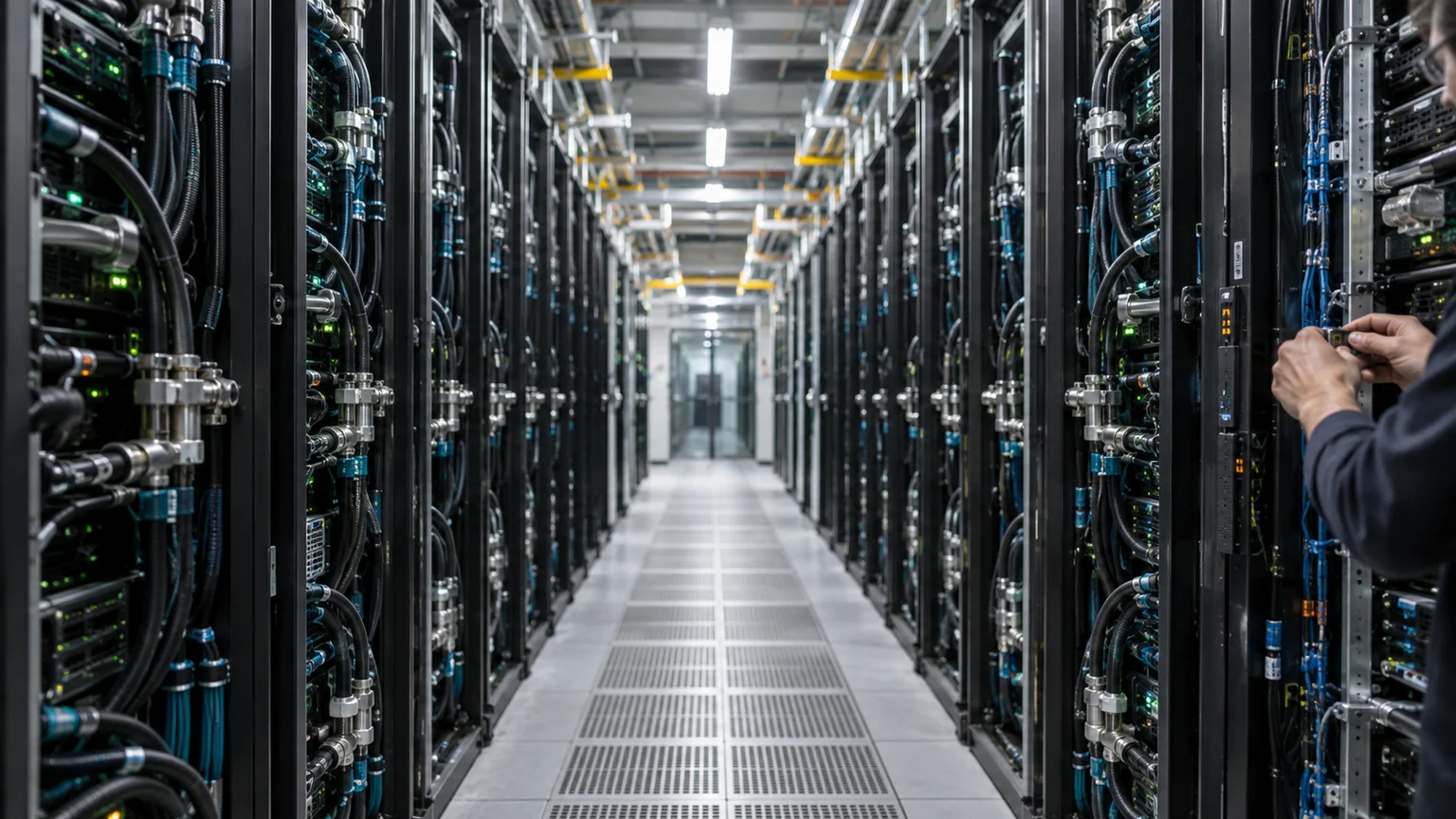 Puces et investissements dans l’IA — allée de serveurs haute performance refroidis par eau, un technicien vérifie un panneau d’infrastructure.