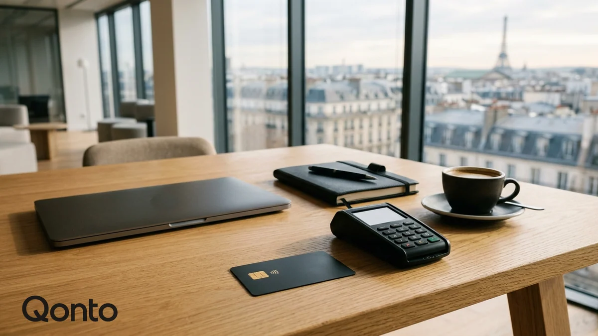 Services bancaires pour entreprises de Qonto — cartes de paiement professionnelles, terminal et logo officiel de l'enseigne posés sur un bureau face aux toits parisiens.