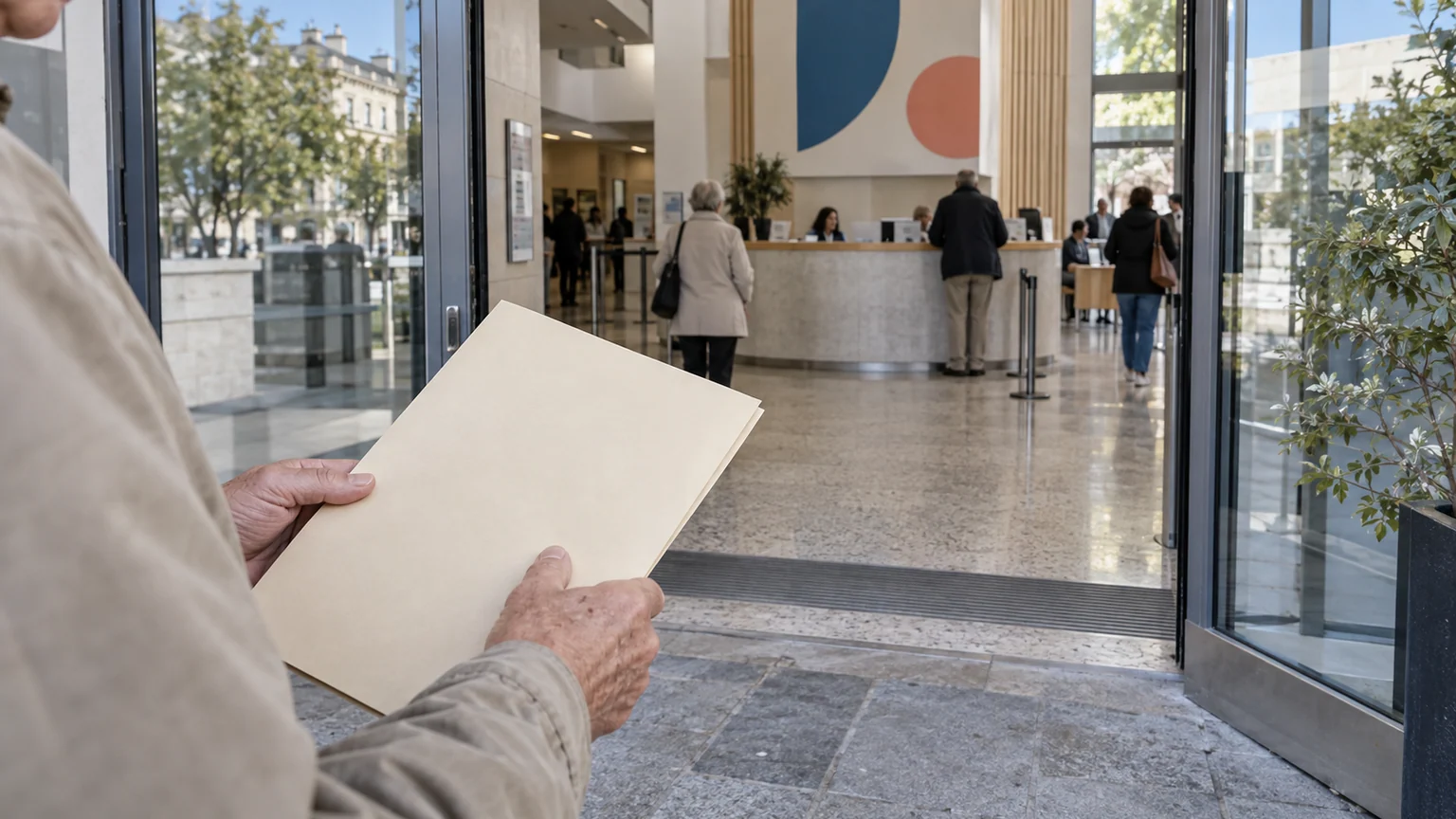 Retraites, âge légal maintenu proposé — mains tenant un dossier neutre devant l’accueil d’une caisse française.
