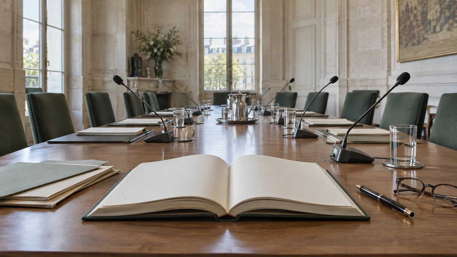 Rapport retraites ouvrant des pistes — rapport relié ouvert, dossiers et micros sur une table de conférence institutionnelle française vide.