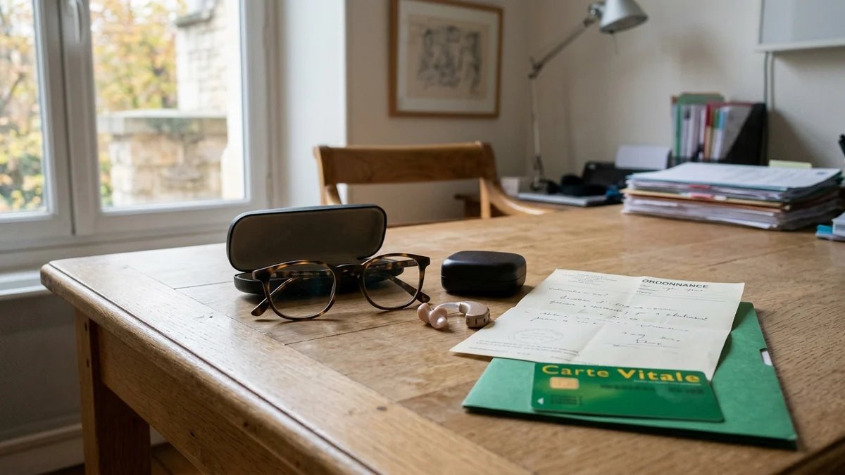 Transfert des remboursements d’optique aux mutuelles — lunettes à monture écaille, prothèse auditive avec boîtier, ordonnance et carte de santé sur un bureau médical en bois.