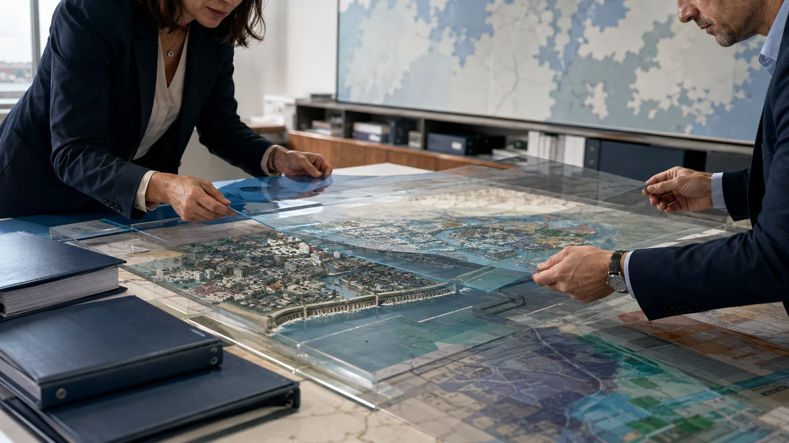 Réassurance — deux professionnels posent des calques de risques sur une maquette détaillée de ville côtière, dans une salle de souscription.