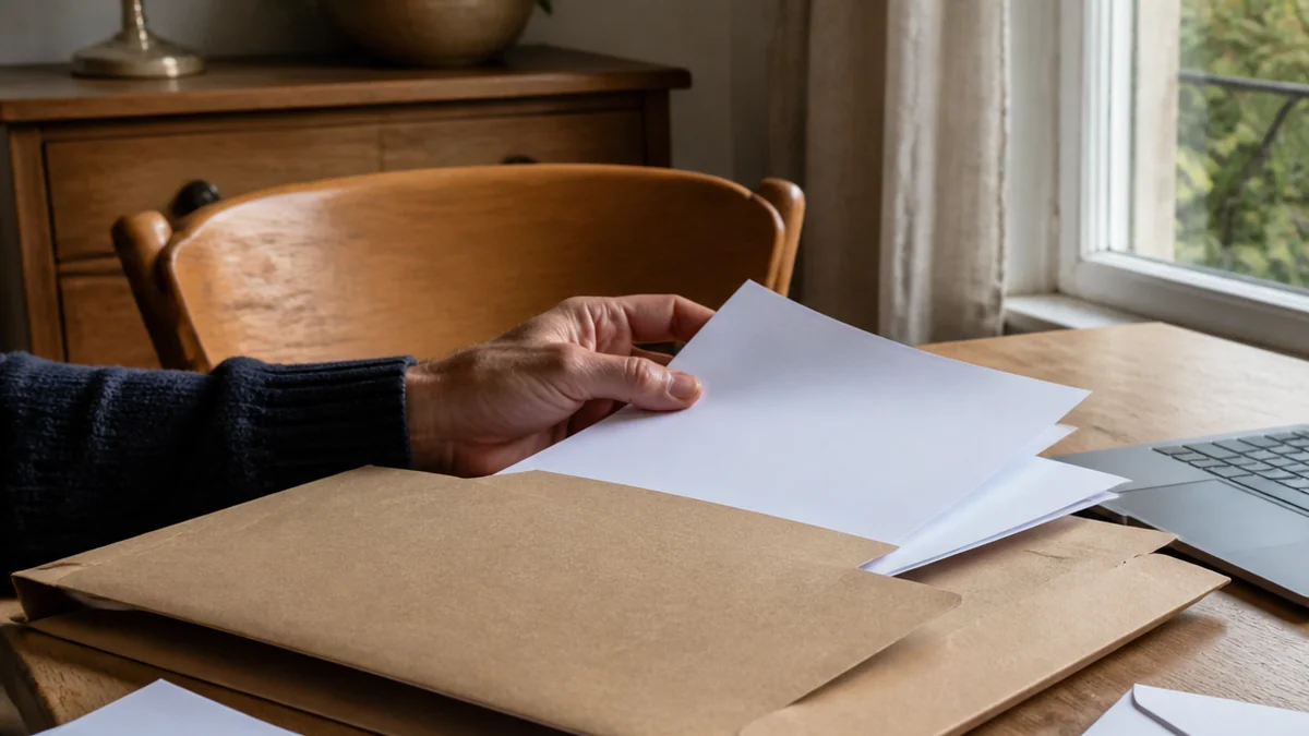 Recours au médiateur de l’assurance — main classant des courriers et pièces de dossier sur une table, près d’un ordinateur éteint.