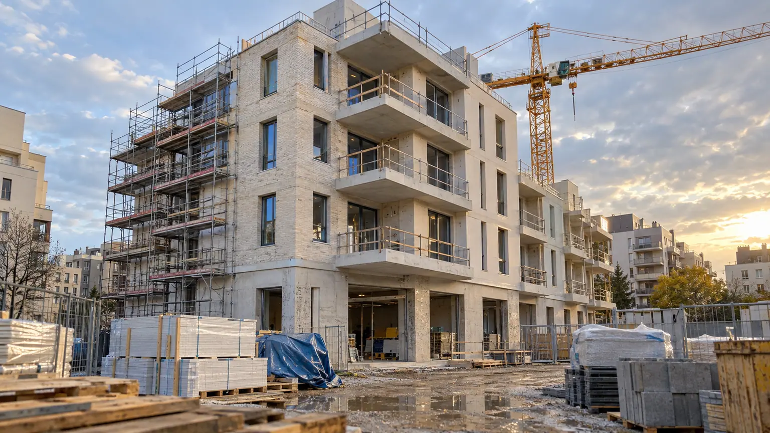 Logement neuf chez les promoteurs — immeuble collectif français en construction, grue, échafaudages et palettes de matériaux au premier plan.