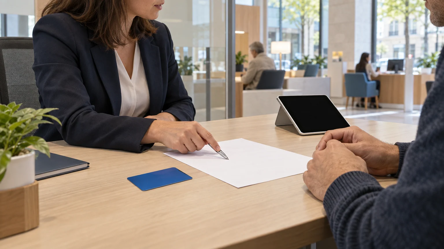 Découvert bancaire — conseiller et client réunis en agence autour d’une carte vierge, d’une feuille blanche et d’une tablette éteinte.
