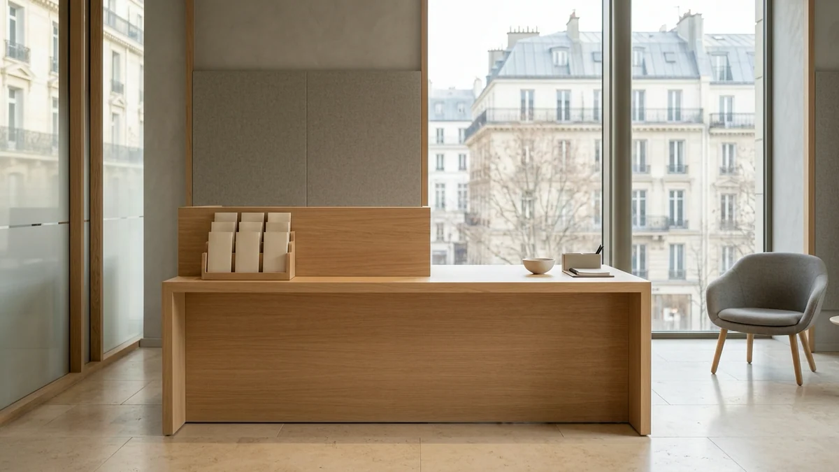 Plafond du Livret A et opposition des banques — comptoir d'accueil en chêne clair, présentoir de dépliants neutres et large baie vitrée donnant sur une rue parisienne.