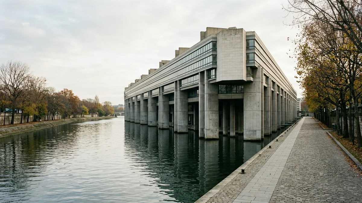 Arbitrages budgétaires de Bercy pour le budget 2027 — façade en béton et verre du bâtiment Colbert le long de la Seine dans la lumière matinale.
