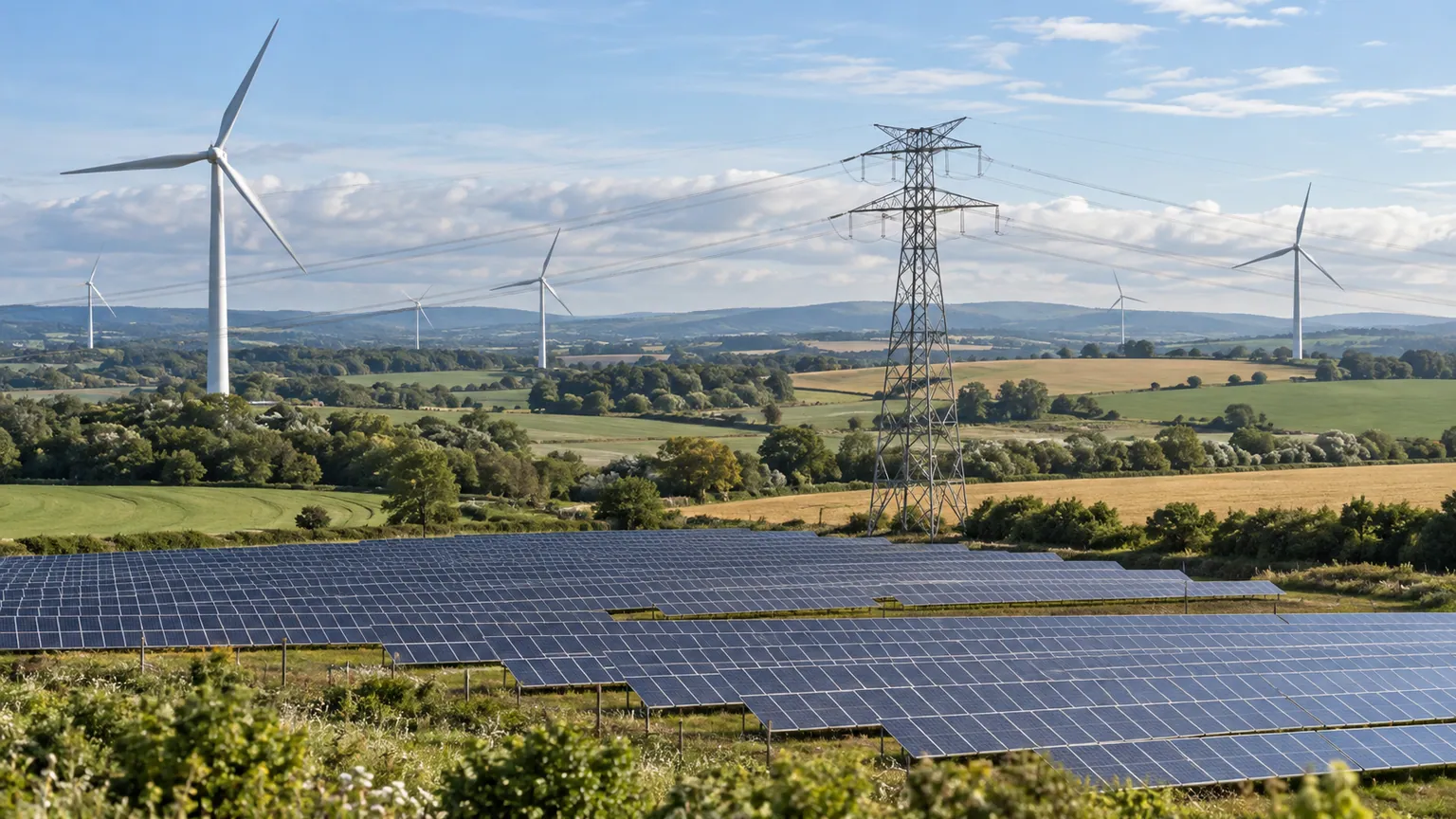Renouvelables et prix de gros de l’électricité — éoliennes, panneaux photovoltaïques et ligne à haute tension dans un paysage rural français.