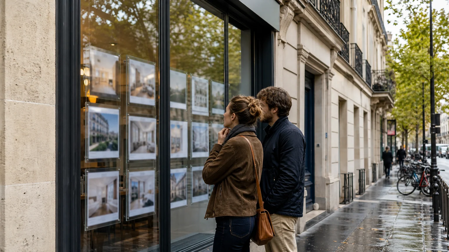 Immobilier et coût du crédit — couple examinant des annonces dans la vitrine d'une agence, devant des façades résidentielles françaises après la pluie.