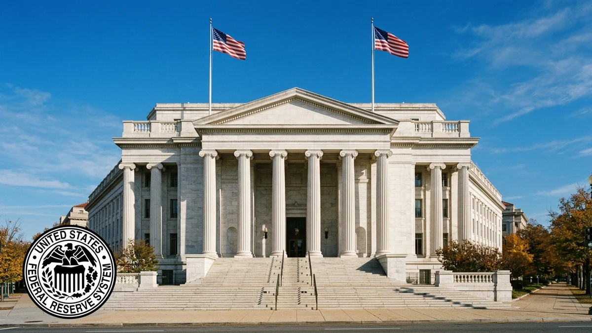 Taux directeurs de la Réserve fédérale américaine — façade en marbre blanc du siège de l’institution à Washington et sceau officiel du Federal Reserve System.