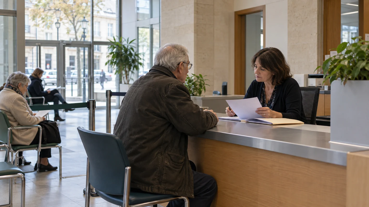 Réforme des retraites de Retailleau — échange entre un assuré et une conseillère au guichet d’un accueil de l’Assurance vieillesse.