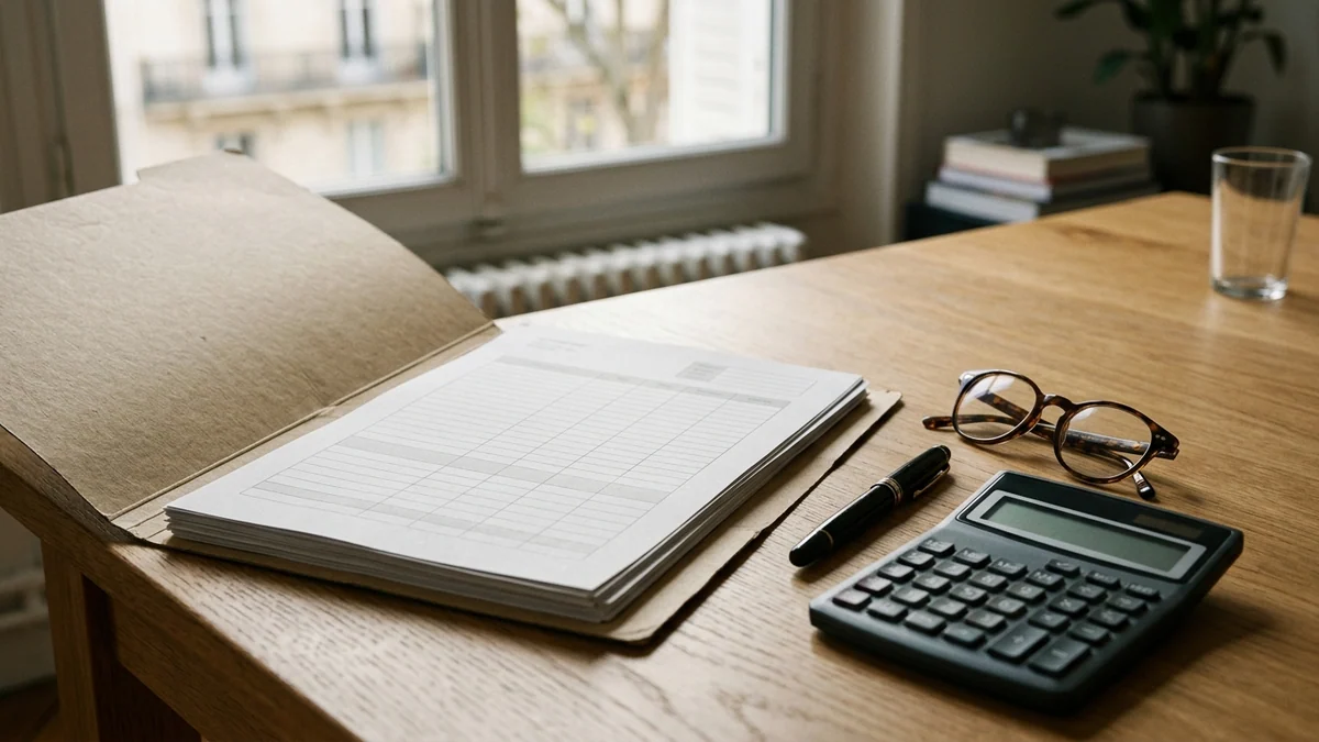 Projet de réforme des retraites — relevé de carrière sur dossier cartonné, formulaires administratifs et calculatrice sur un bureau.