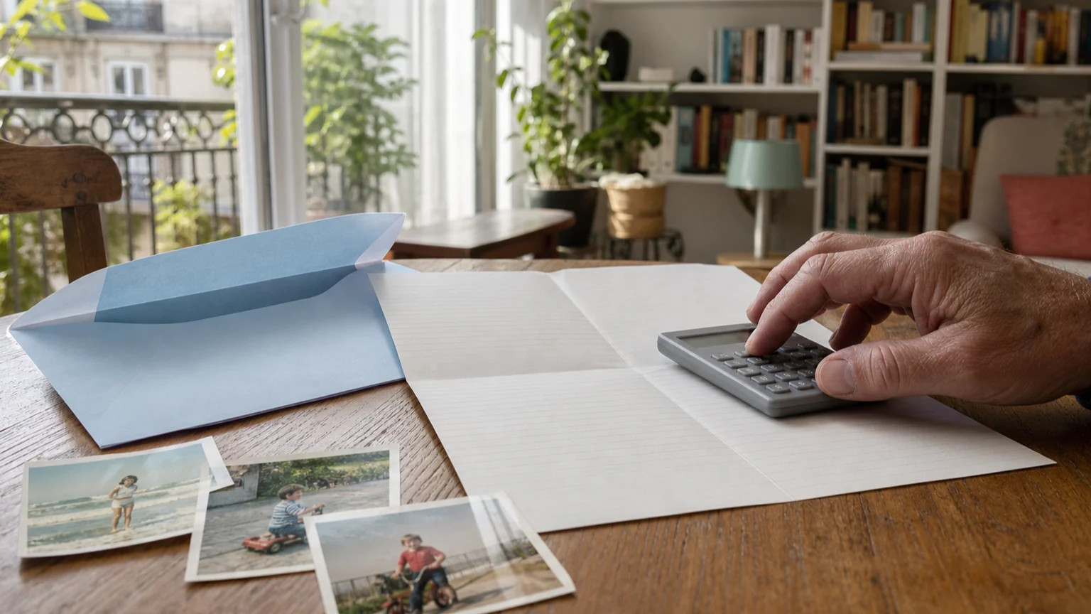 Retraite avec majoration pour enfants — enveloppe et relevé de pension vierge sur une table, calculatrice et trois photos familiales.