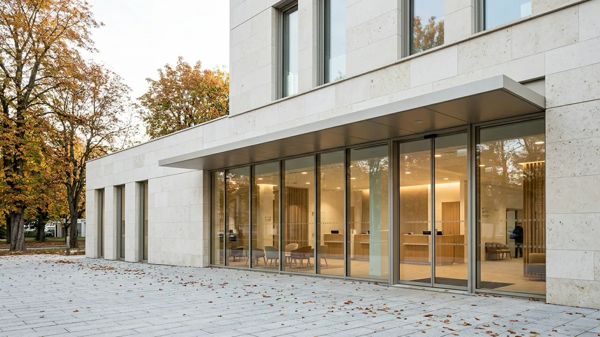 Retraites et proposition d’Édouard Philippe — bâtiment administratif contemporain en pierre de taille et baies vitrées ouvrant sur un accueil au matin.