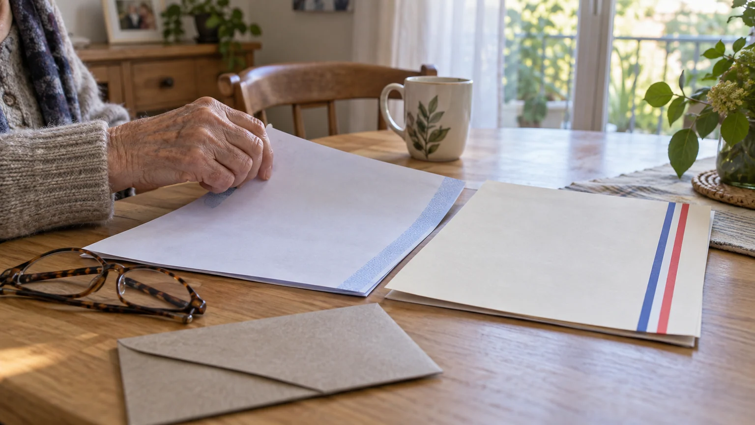 Retraites et abattement fiscal à l'étude — main âgée classant deux documents administratifs vierges sur une table française éclairée au matin.