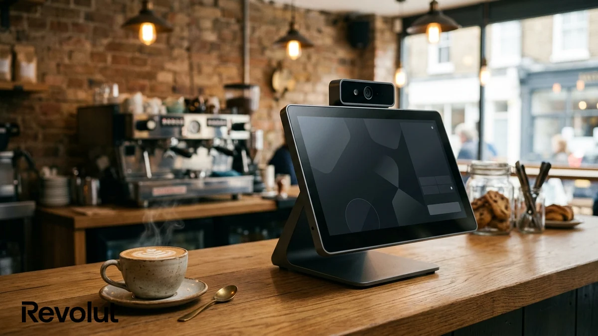 Paiement par reconnaissance faciale chez Revolut à Londres — terminal de caisse tactile et tasse de café sur un comptoir en bois, avec le logo officiel de l'enseigne en bas à gauche.