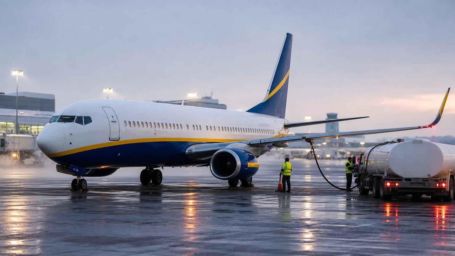 Ryanair réduit ses vols d’hiver — avion jaune et bleu ravitaillé par un camion-citerne sur un tarmac européen au petit matin.