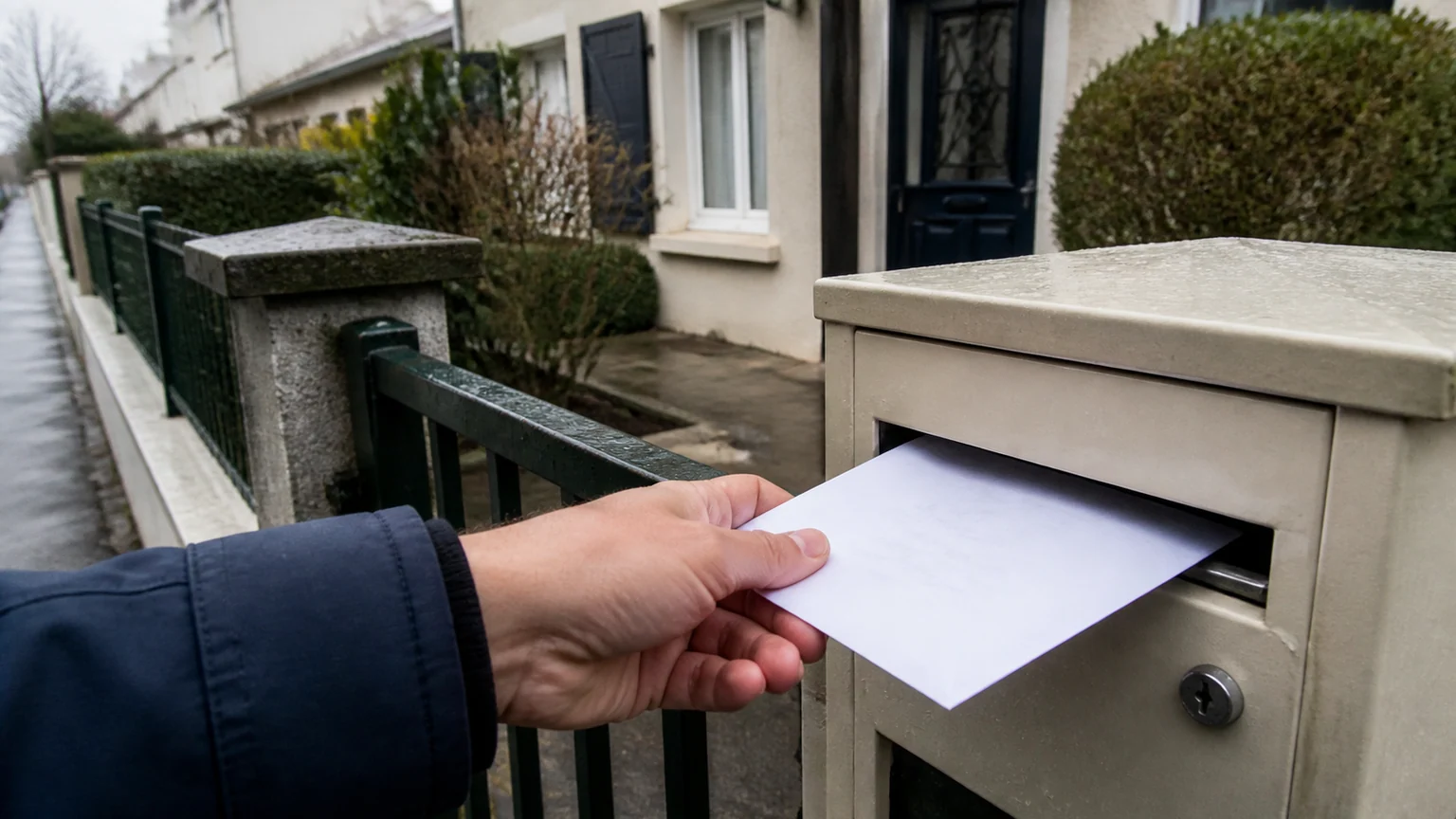 Saisines auprès du médiateur de l’assurance — une main dépose une enveloppe sans texte dans une boîte aux lettres devant une maison française.
