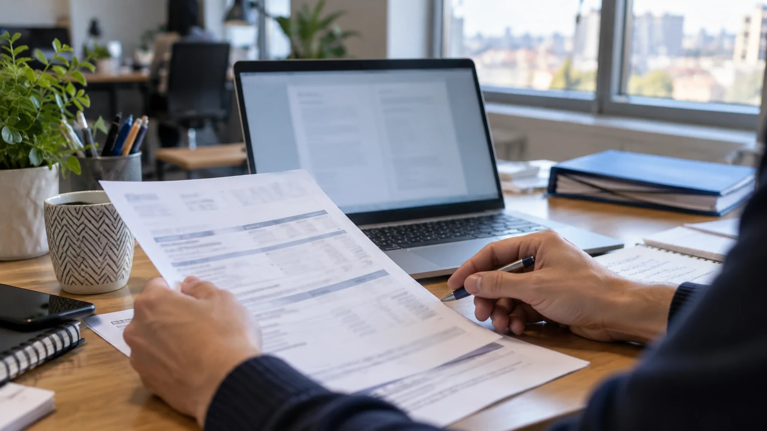 Salaire des cadres en France — main comparant un bulletin de paie flouté et un ordinateur portable dans un bureau lumineux.