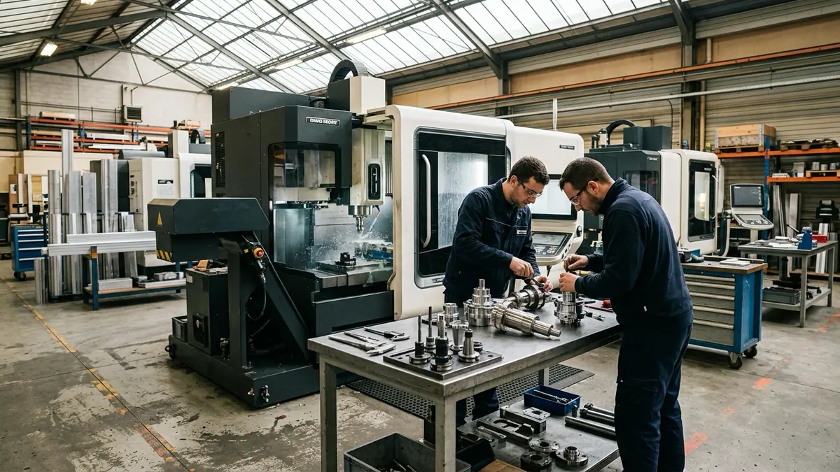 Dynamique des salaires dans le secteur industriel — opérateurs en tenue de travail assemblant des pièces de précision sur un établi d'atelier mécanique.