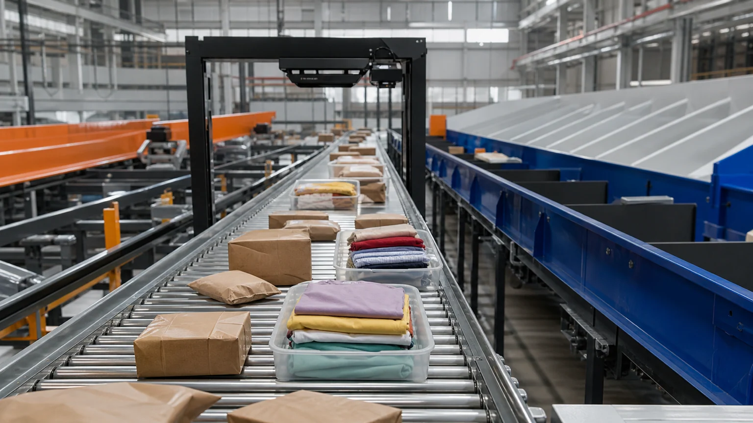 Shein en Bourse à Hong Kong — colis et vêtements non marqués sur des convoyeurs dans un centre logistique moderne.