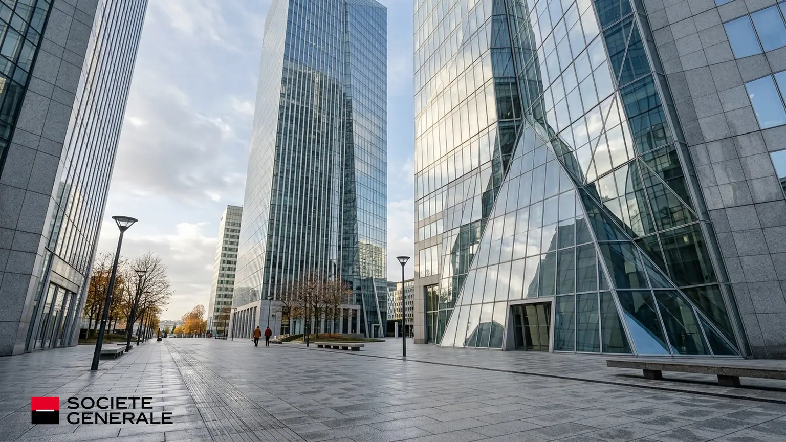 Société Générale relève sa rentabilité — tours de bureaux à La Défense au petit matin avec le logo officiel de l'établissement bancaire.