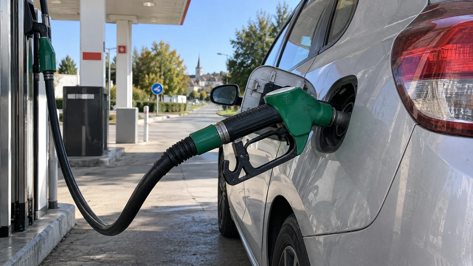 SP95-E10 record de prix en France — pistolet vert engagé dans le réservoir d'une voiture à une station-service française en plein jour.