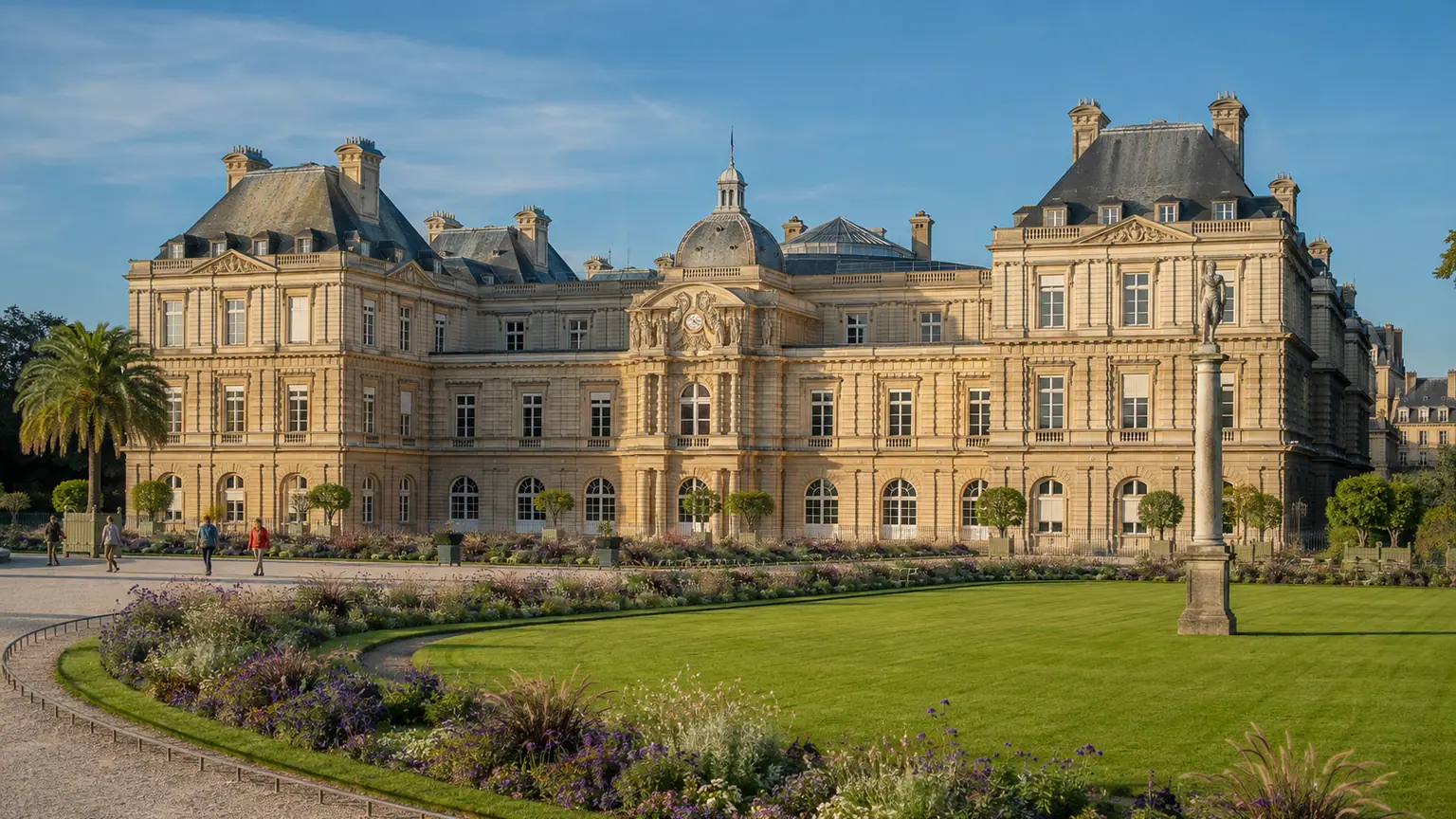 Impôts des entreprises et rapport du Sénat — façade institutionnelle inspirée du Palais du Luxembourg, jardins et quelques passants à Paris.