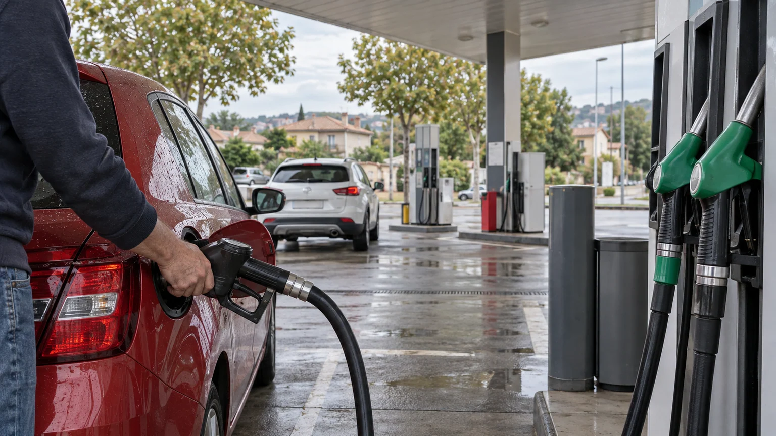 Stations carburants en difficulté — ravitaillement d'une voiture à une pompe sans enseigne, sous un ciel de pluie dans une station française.