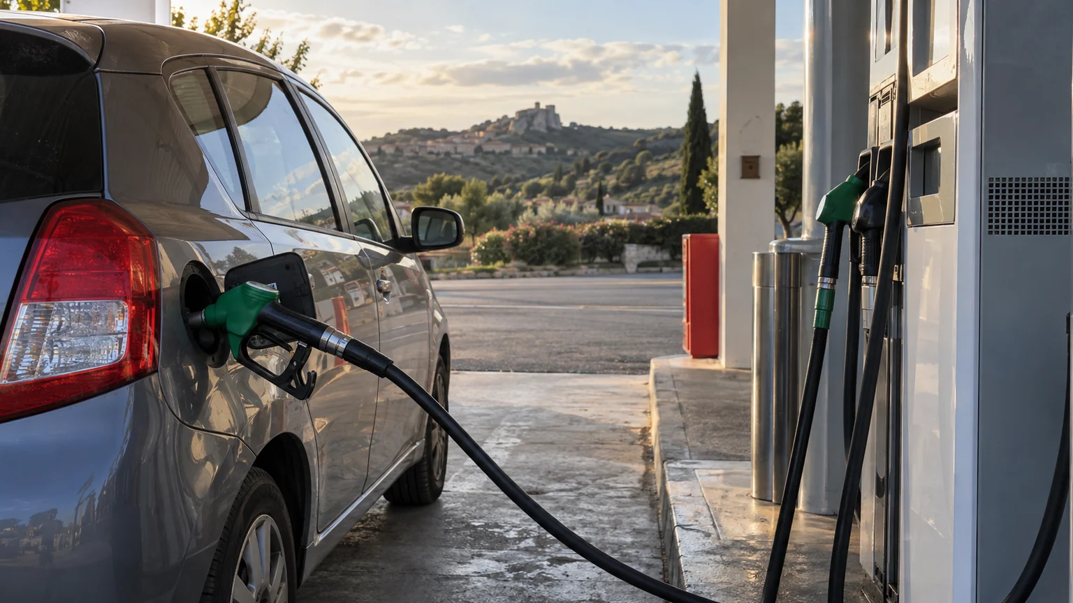 Surplus de TVA sur les carburants — pompe française en service, pistolet engagé dans une voiture particulière et paysage routier au soleil couchant.