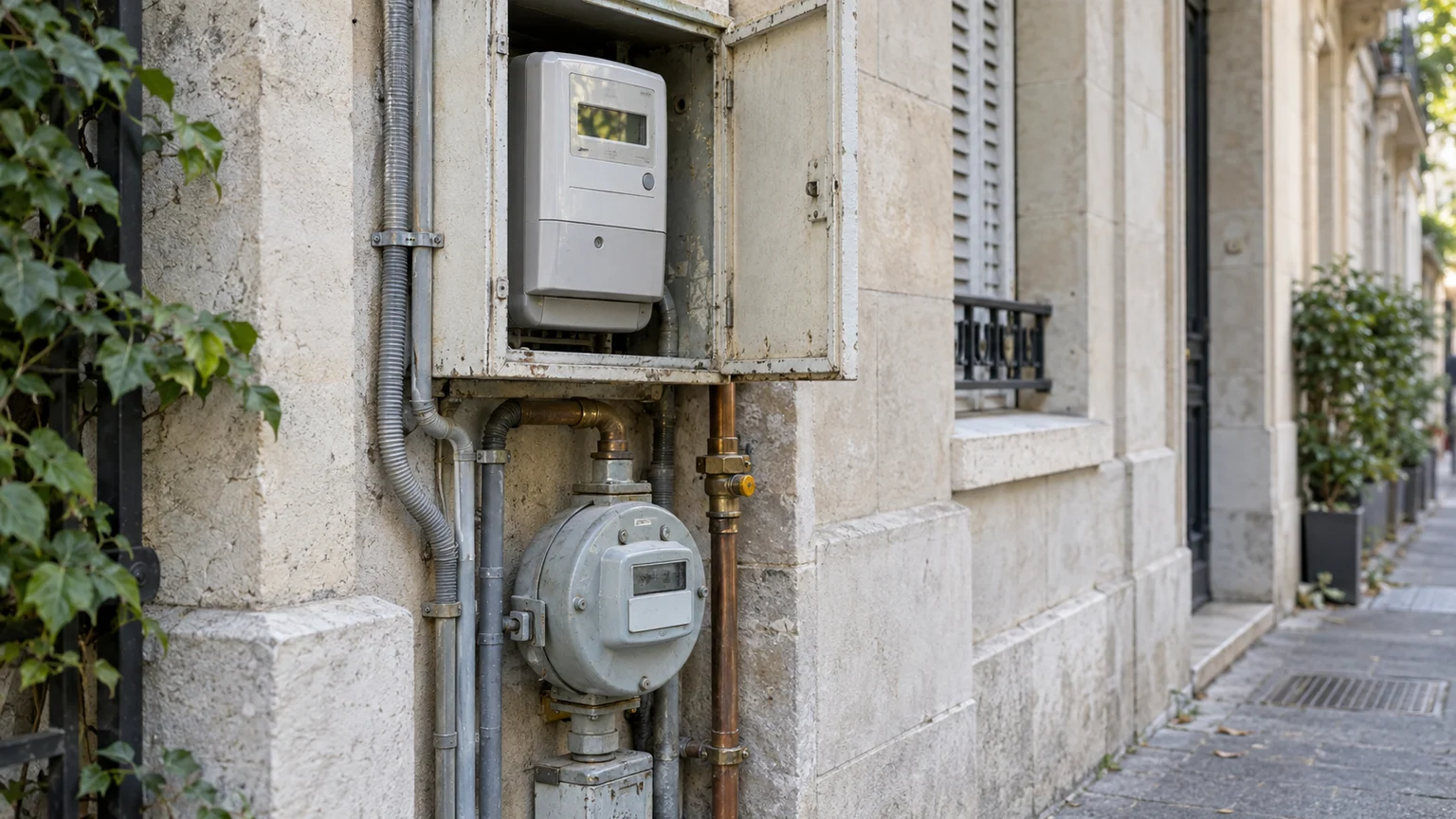Tarif agent de l’énergie — compteurs électrique et gaz sur la façade d’un immeuble résidentiel français, coffret technique et tuyauterie visibles.