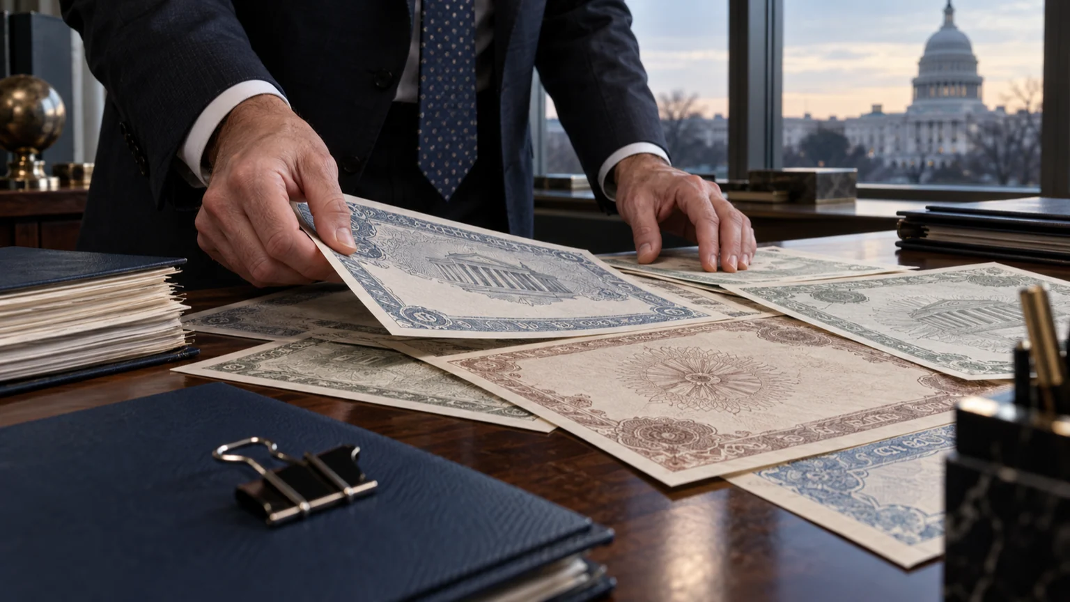 Taux américain à dix ans — mains anonymes triant des titres obligataires gravés, avec le Capitole de Washington en arrière-plan flou.