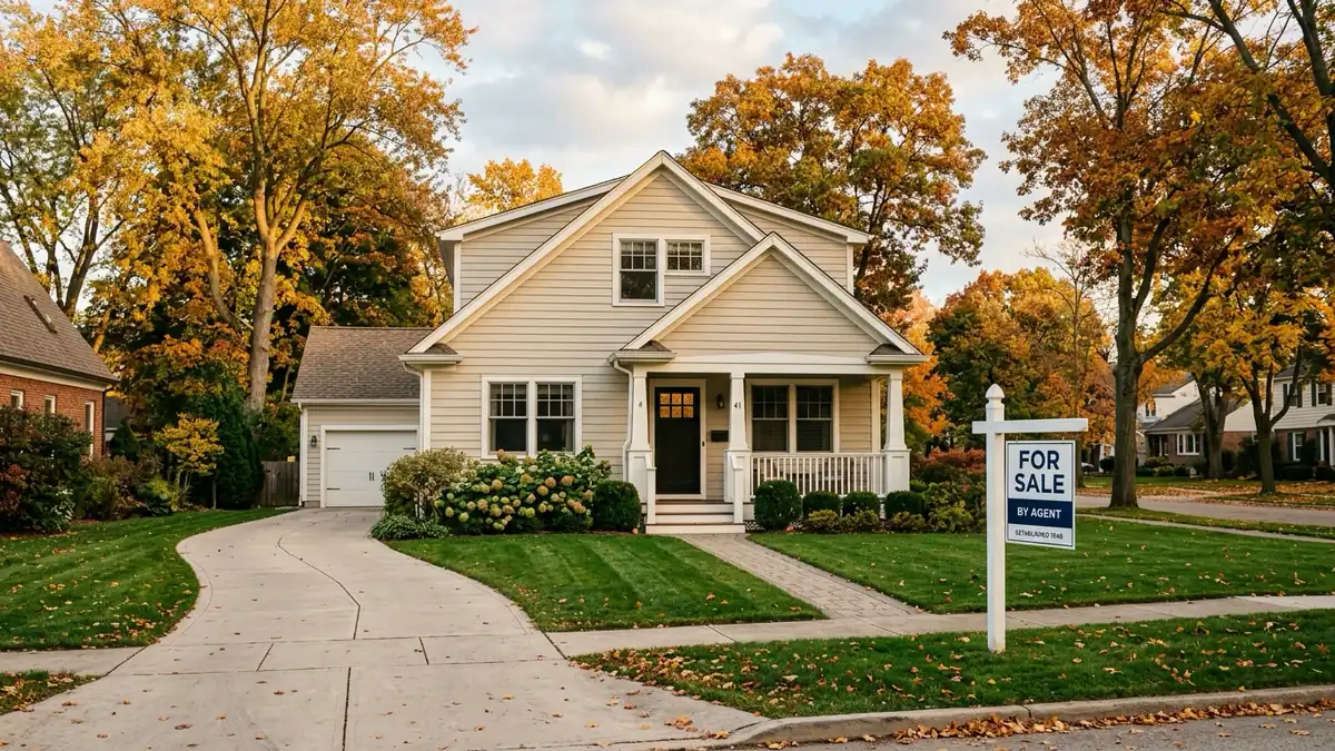 Crédit immobilier aux États-Unis — pavillon de banlieue américaine en bardage beige avec panneau à vendre sur la pelouse et arbres d'automne.