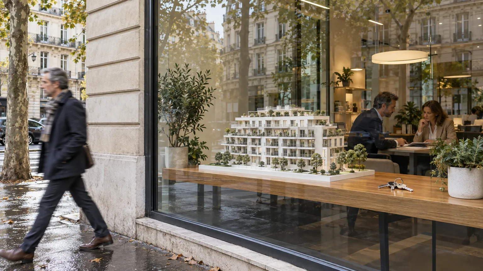 Taux des nouveaux prêts à l’habitat — maquette d’immeuble et clés dans la vitrine d’une agence bancaire française.