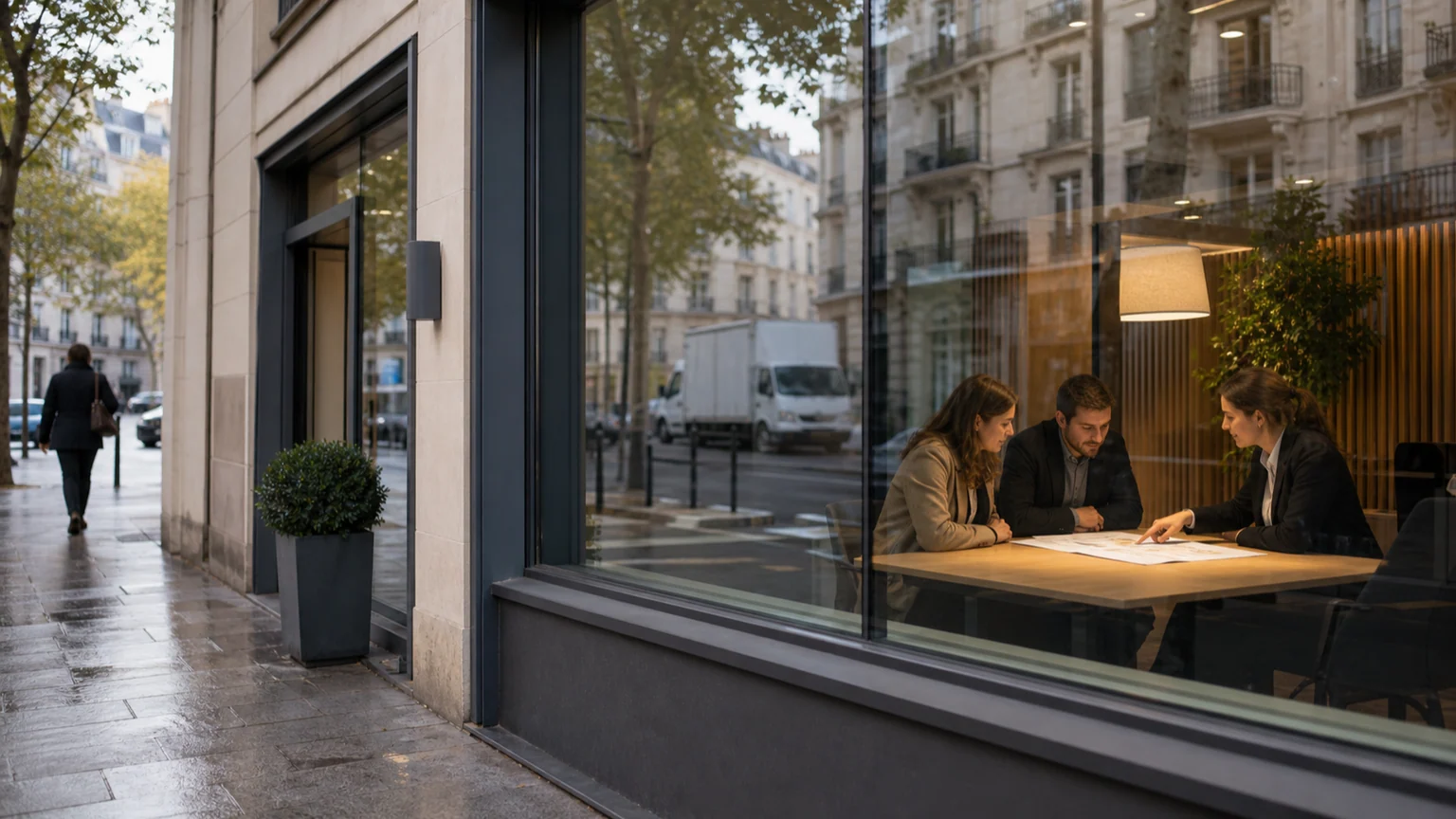 Taux de crédit immobilier en hausse — consultation de prêt dans une agence bancaire française, face à des immeubles parisiens sous la pluie.