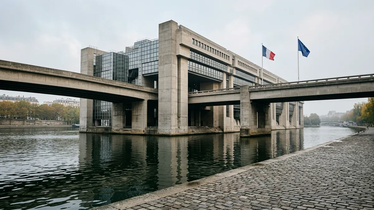 Tension sur la dette souveraine de la France — bâtiment du ministère de l'Économie à Bercy en bord de Seine sous une lumière matinale d'automne, quai pavé et reflets sur l'eau.