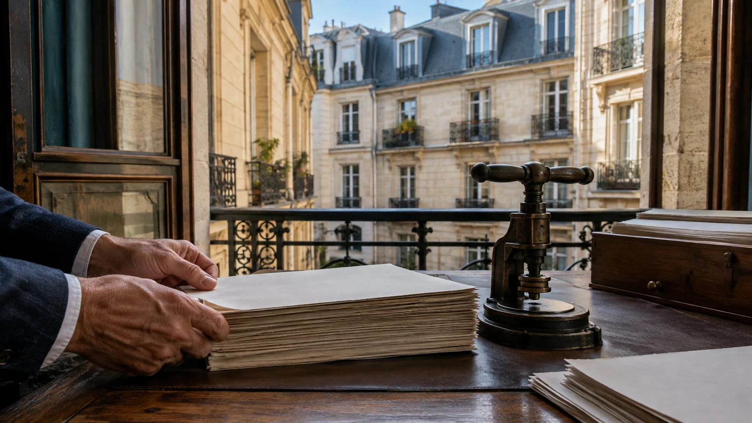 Taux d’État et crédits immobiliers — papiers obligataires vierges et presse de scellement devant une cour d’immeuble française au matin.