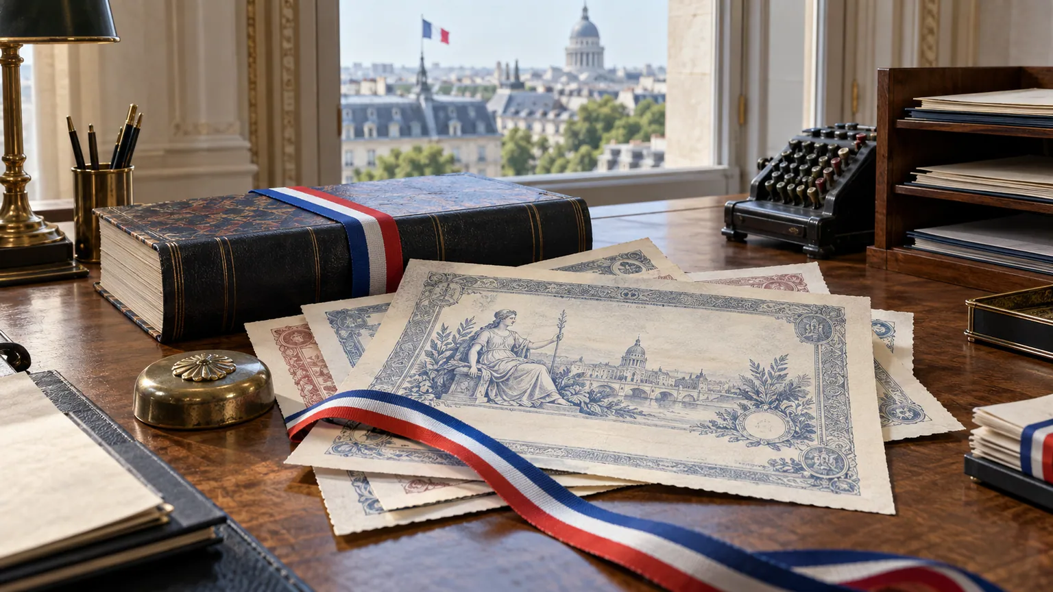 Taux français à dix ans — titres obligataires anonymes sur un bureau de trésorerie à Paris, reliés d’un ruban tricolore devant les toits de la capitale.