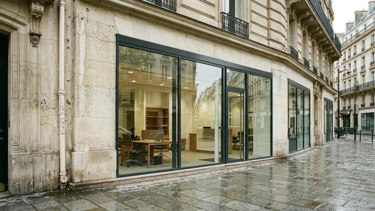 Plafond du taux d'usure pour le crédit immobilier — agence bancaire parisienne en pierre de taille aux larges vitrines reflétant les immeubles voisins, trottoir matinal.