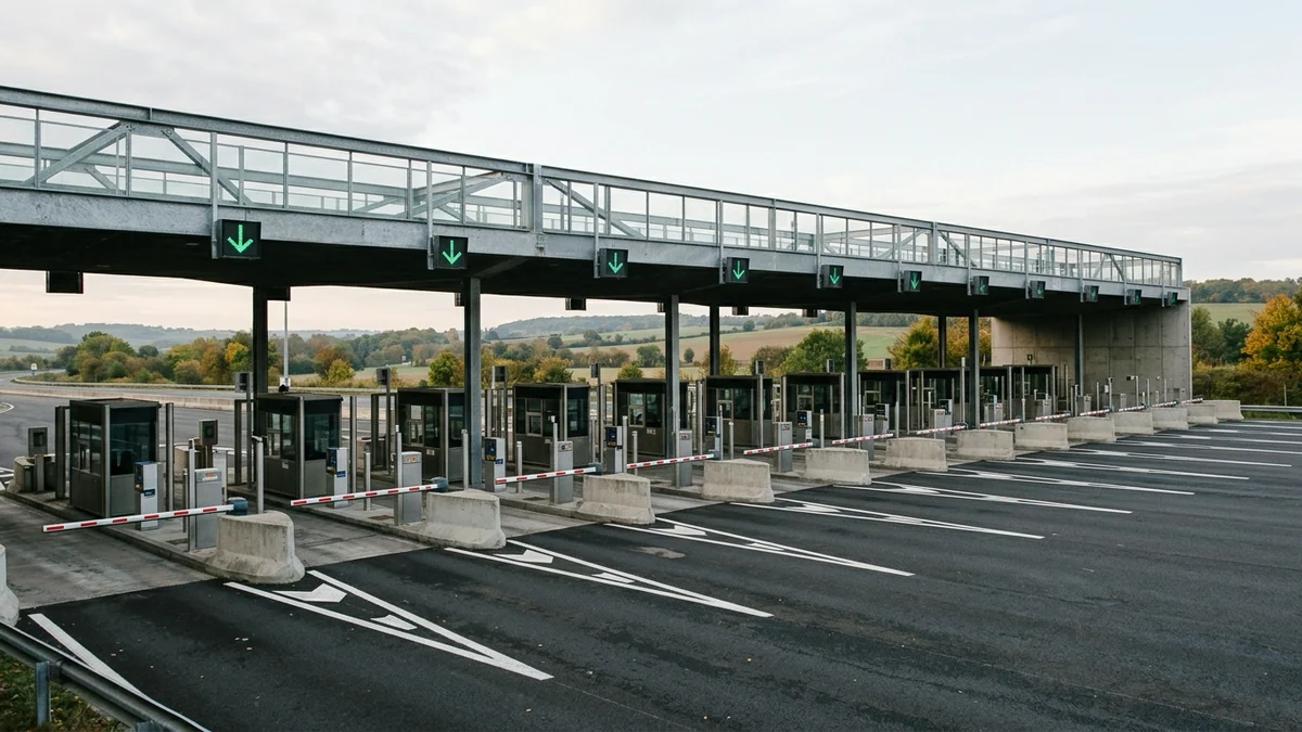 Taxation des autoroutes françaises — barrière de péage aux multiples voies d'accès sous un auvent métallique, barrières automatiques et îlots en béton au petit matin.