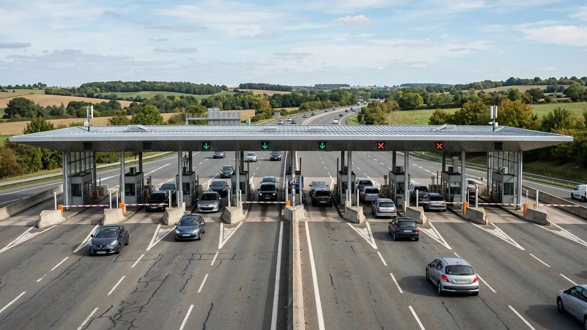 Projet de taxe sur les autoroutes — barrière de péage sous un vaste auvent métallique en pleine journée, voies de circulation et chaussée dégagée.
